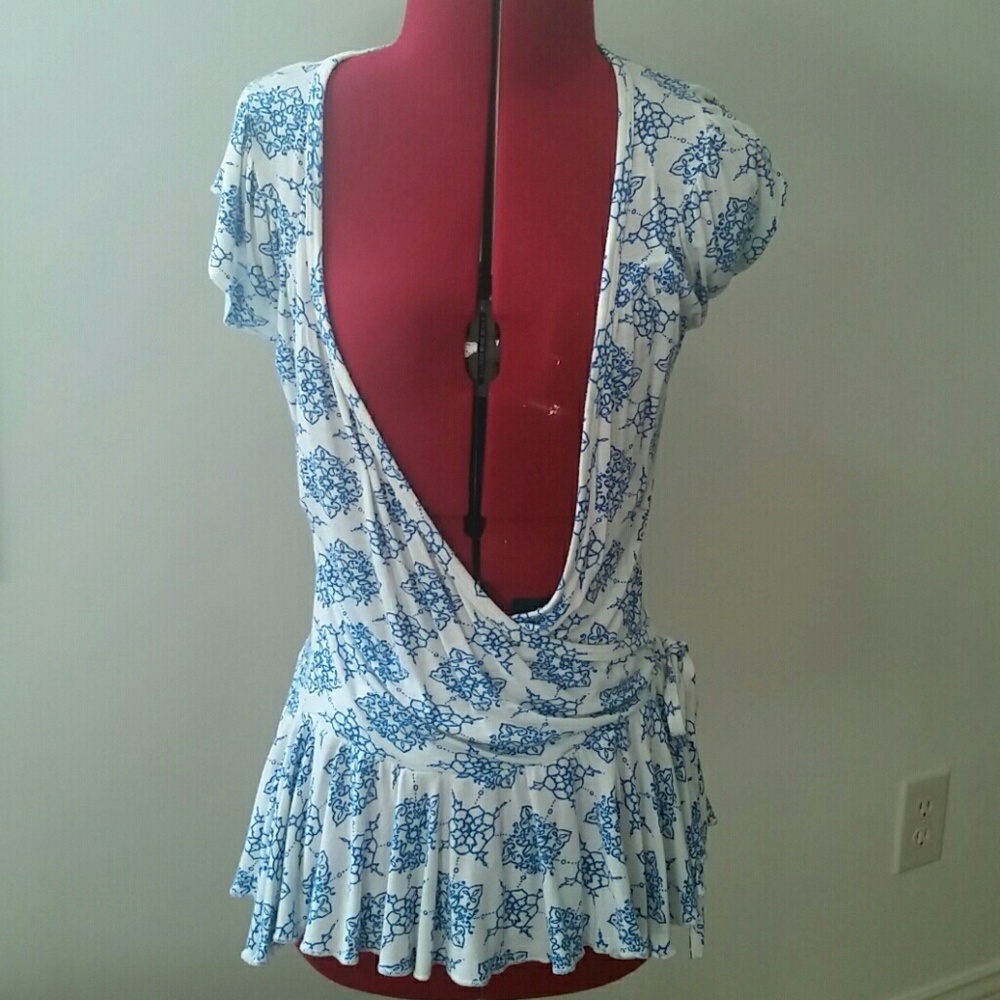 Deep V-NECK Shirt with Faux Wrap & Capped Sleeves
